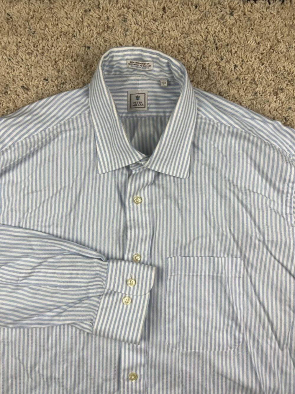 Peter Millar Button Up Shirt Long Sleeve Blue Striped Mens Size 16.5 Large